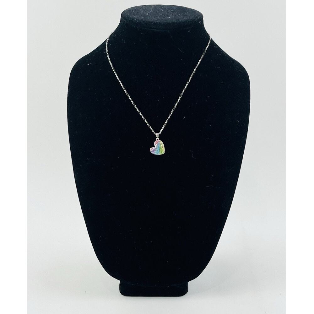 Rainbow Heart Silver Tone Necklace Pendant Angled Pastel CZ Cubic Zirconia Kohls - Picture 7 of 16